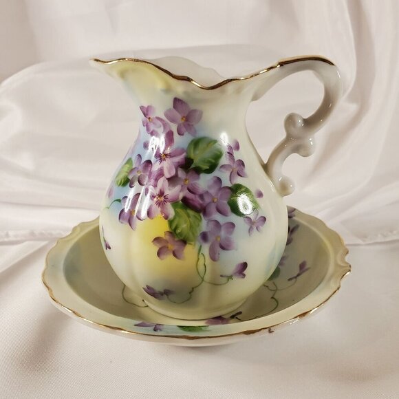 Vintage Norcrest Ceramic Bowl & Pitcher Hand Painted Purple Violets PR-8F 6 inch - Picture 1 of 16